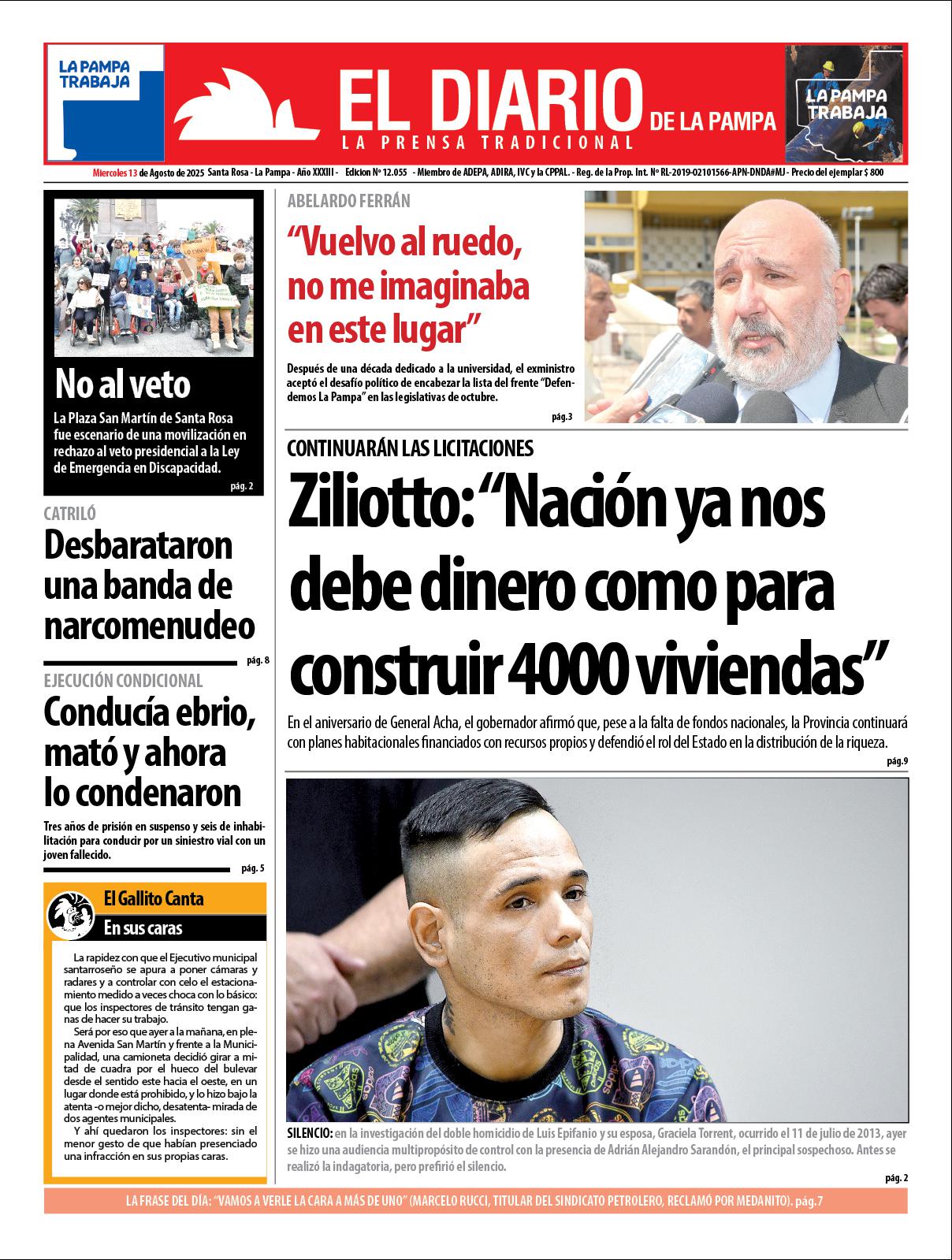 Tapa de El Diario en papel  mieacutercoles 13 de agosto de 2025